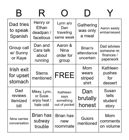Brody Family Gatherings Bingo Card