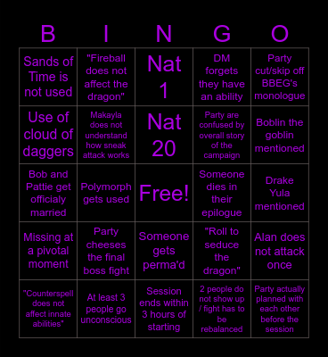 The Darkest Hour Final Session Bingo Card