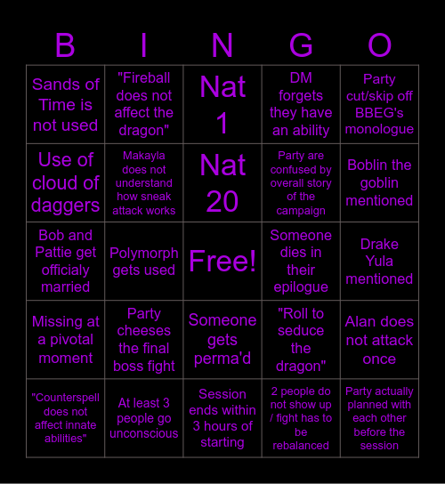 The Darkest Hour Final Session Bingo Card