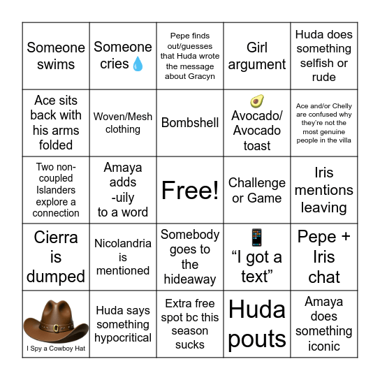 Love Island S7, E28 Bingo Card