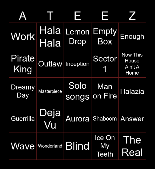 ATEEZ ‘In Your Fantasy’ World Tour 2025 Setlist Bingo Card