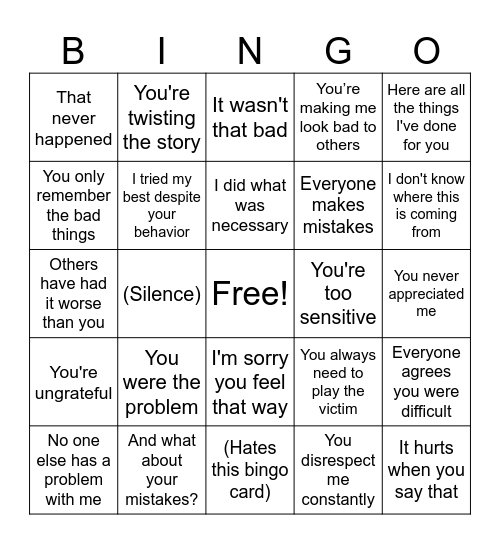 Narcissistic Respones Bingo Card