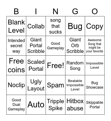 Recent Tab Bingo (Geometry Dash) Bingo Card