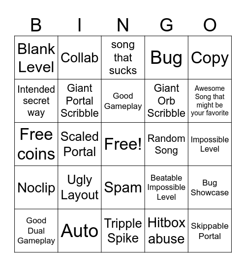 Recent Tab Bingo (Geometry Dash) Bingo Card