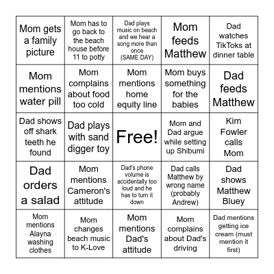 Oak Island Vacation Bingo Card