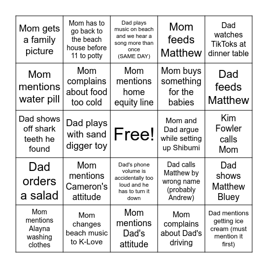 Oak Island Vacation Bingo Card