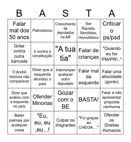 Não é Chega, é BASTA!!!! Bingo Card
