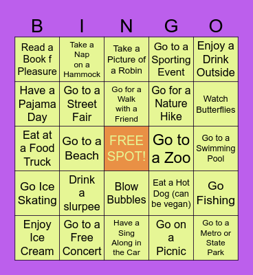 Summer Fun in the Sun Bingo Card