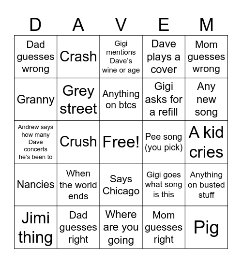 Dave Bingo Card