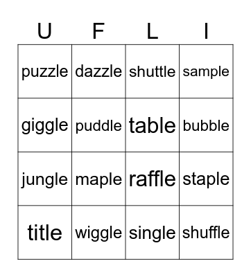 Lesson 75: -le Bingo Card