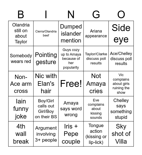 LOVE ISLAND Bingo Card