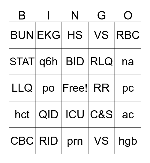 Abbreviation Bingo Card