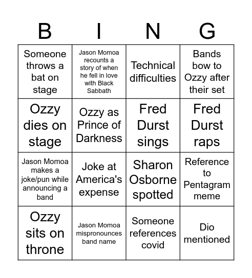 Black Sabbath Final Concert Bingo Card