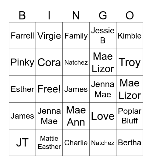 Harris/Kimble Family Reunion Bingo Card