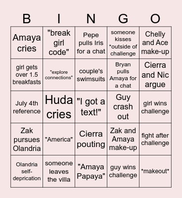Love Island Season 7 ep 28 Bingo Card