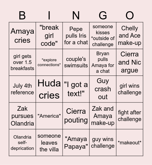Love Island Season 7 ep 28 Bingo Card