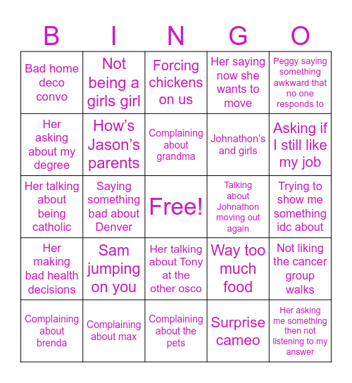 Mothers Bingo Card