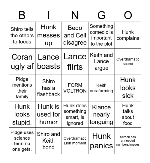 VOLTRON BINGO Card