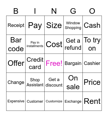 SHOPPING VOCABULARY Bingo Card
