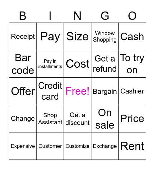 SHOPPING VOCABULARY Bingo Card