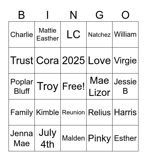 Harris & Kimble Reunion 2025 Bingo Card
