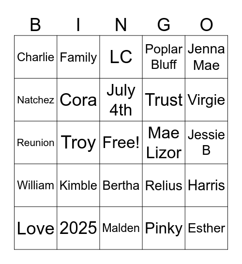 Harris & Kimble Reunion 2025 Bingo Card
