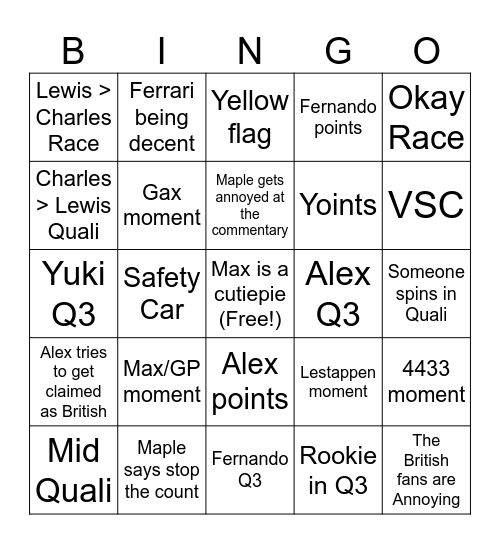 SILVERSTONE Bingo Card