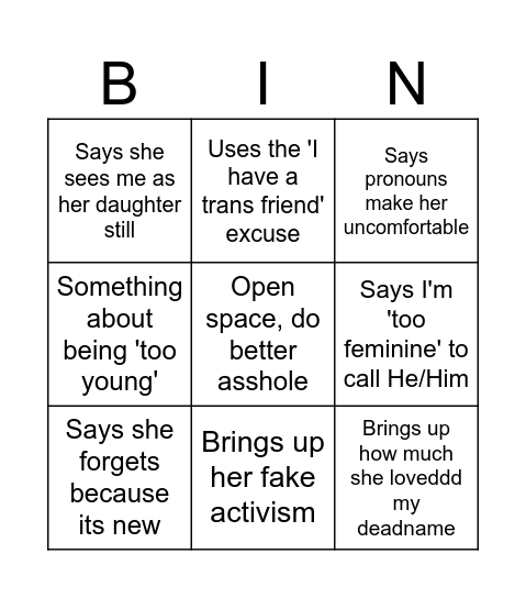 Transphobia Bingo Card