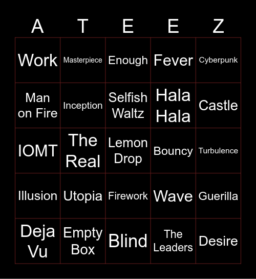 ATEEZ ‘In Your Fantasy’ World Tour 2025 Setlist Bingo Card
