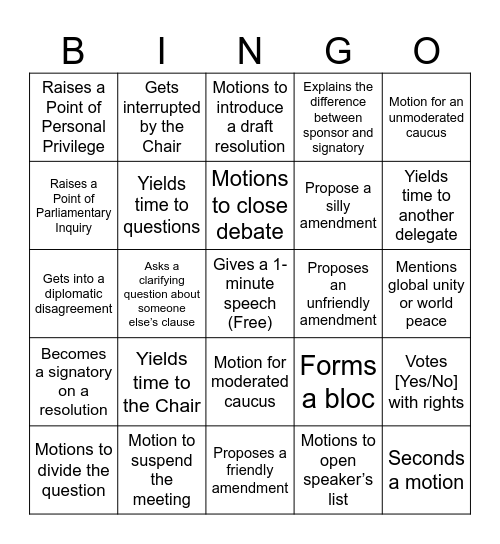 Mock MUN Bingo Card