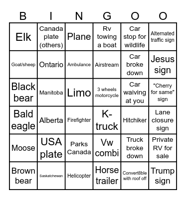 Road Trip Bingo Card
