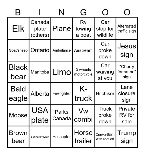 Road Trip Bingo Card
