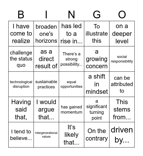 IELTS phrases Bingo Card