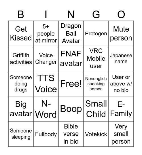 VRChat Public Lobby Bingo Card