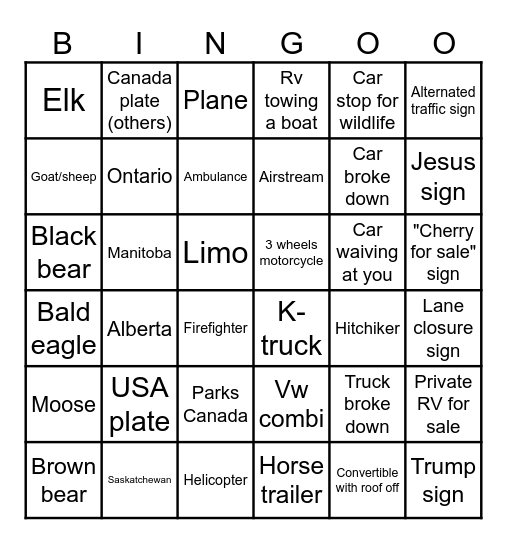 Road Trip Bingo Card