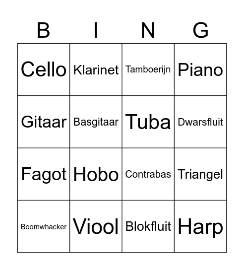 Muziekinstrumenten Bingo Card