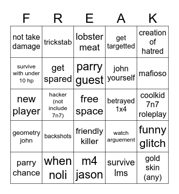 forsaken bingo Card