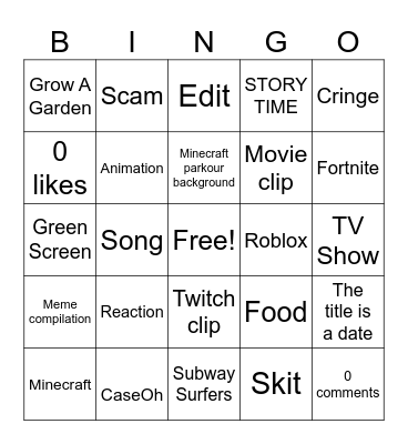 YouTube shorts Bingo Card