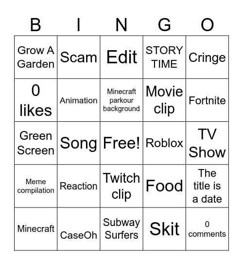 YouTube shorts Bingo Card
