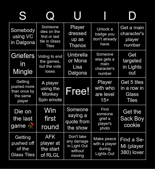 Roblox Squid Game Bingo Card