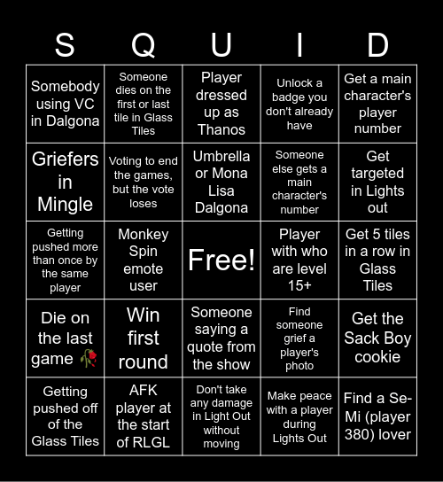 Roblox Squid Game Bingo Card