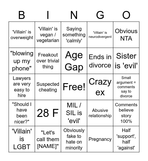 AITAH Bingo Card