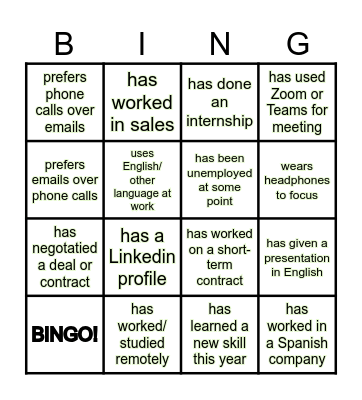 ENGLISH BUSINESS Bingo Card