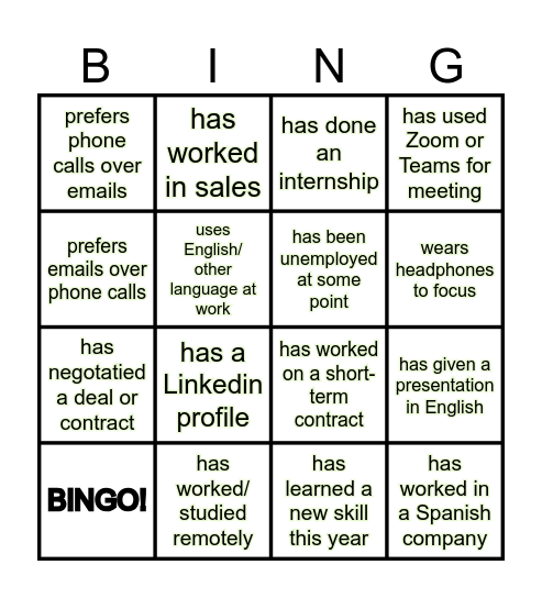 ENGLISH BUSINESS Bingo Card