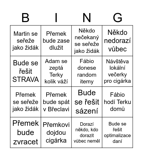 Sraz Bingo Card
