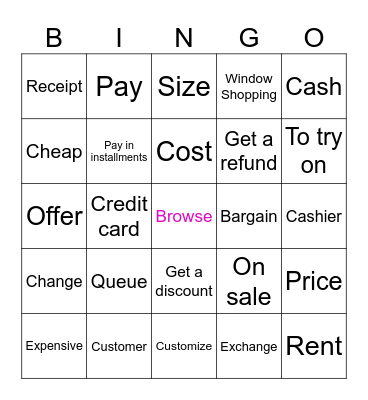 SHOPPING VOCABULARY Bingo Card