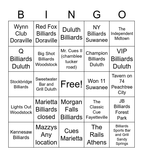 Billiards Bingo Card