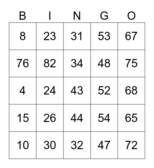 Number Bingo 1-90 Bingo Card