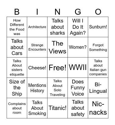 Josh's Vacation Bingo Card