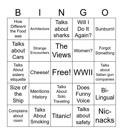 Josh's Vacation Bingo Card